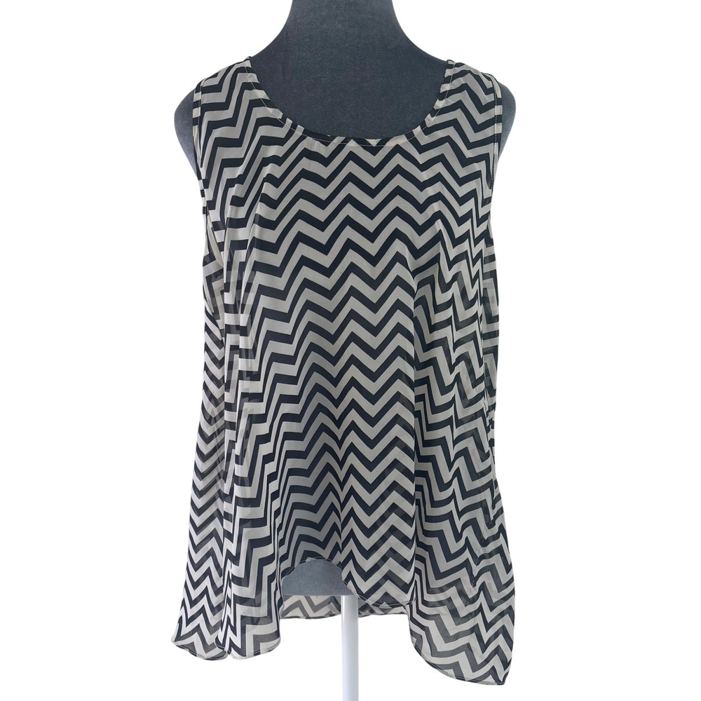 Umgee Black White Contemporary Boho Chic Chevron Sleeveless Draped Back Tank L